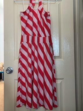 Gigi - Dark Coral and Pink Diagonal Stripe Halter Dress